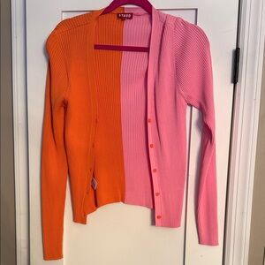 STAUD Color Block Orange and Pink Cardigan